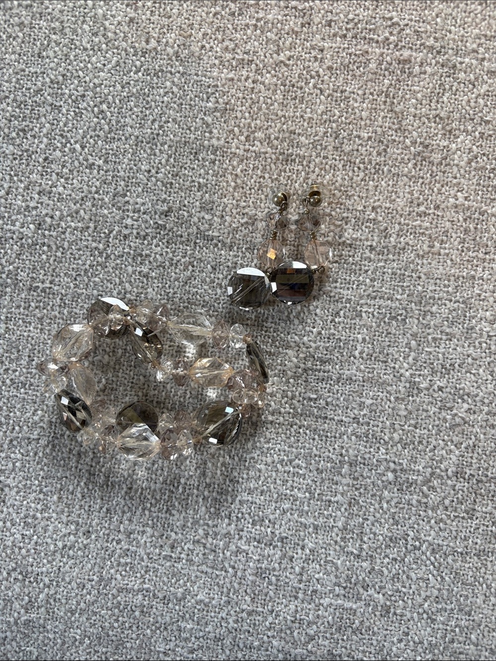 Crystal Bead Stretch Bracelet and Drop Earrings Set Clear Smoky Faceted‎ Jewelry